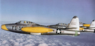 F-84E... note they have their âBuzz(kill)â numbers... FS is the aircraft type and the numerals afterwards are the unique airplane identifier... this was done because many WWII veteran pilots were buzzing towns and flying under bridges... and other awesome fighter pilot type stuff. These numbers were to allow cranky people to complain... who werenât even fighter pilots. This was abandoned by the late fifties.